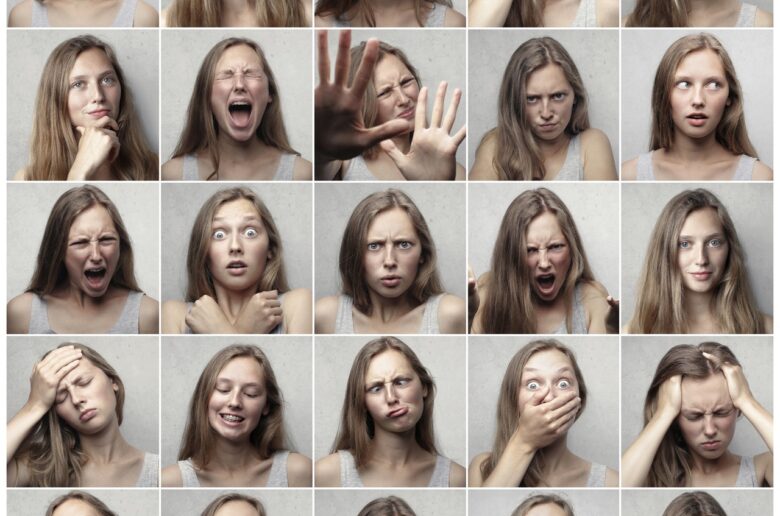 Inteligencja emocjonalna. Kolaż zdjęć kobiety. Na każdym zdjęciu prezentowana jest inna emocja.