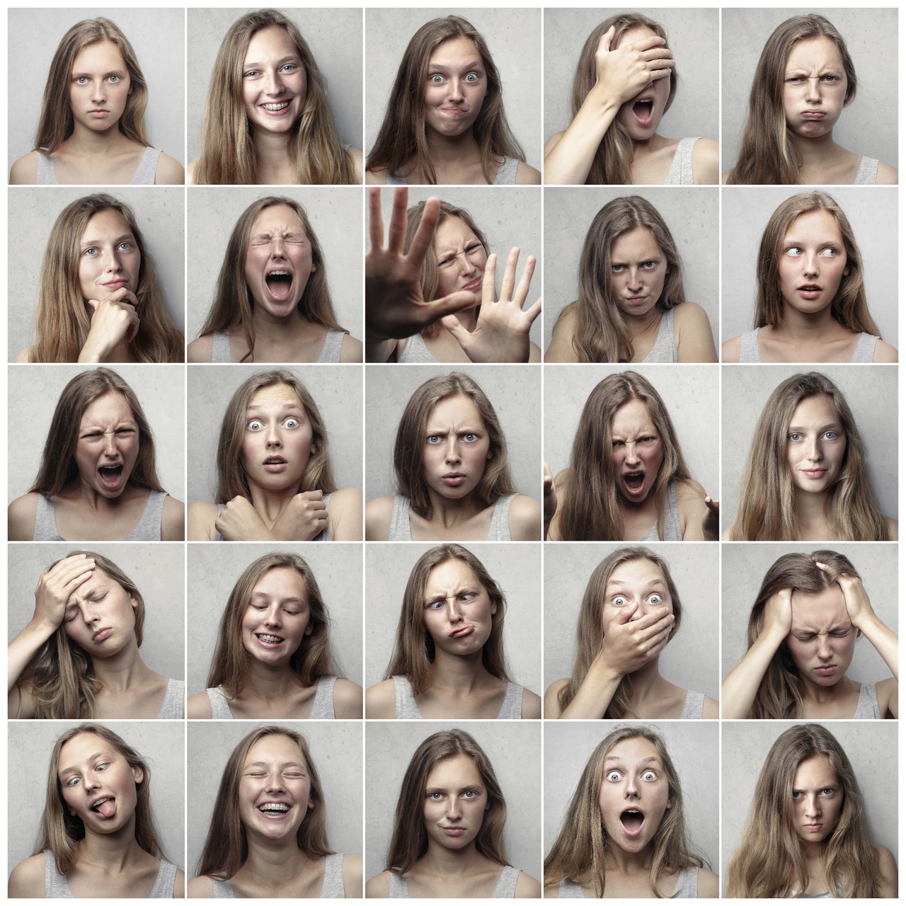 Inteligencja emocjonalna. Kolaż zdjęć kobiety. Na każdym zdjęciu prezentowana jest inna emocja.
