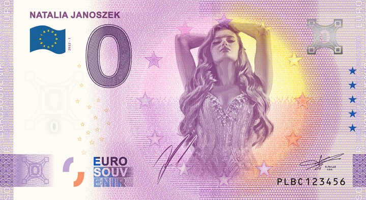 0 Euro Souvenir z wizerunkiem Natalii Janoszek stworzony w ramach akcji Kobiety na banknoty