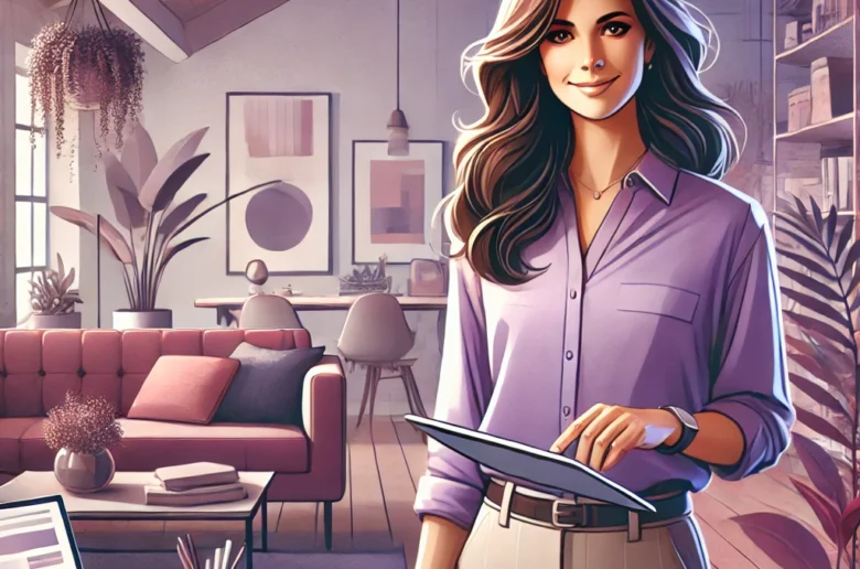 Uśmiechająca się kobieta stojąca przy biurku z tabletem w ręku